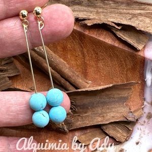 Turquoise and gold dangle balanced bar extra long simple minimalist earrings